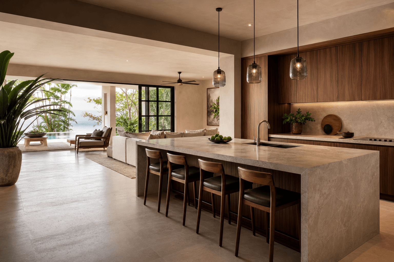 Interior residencial remodelado con cocina abierta